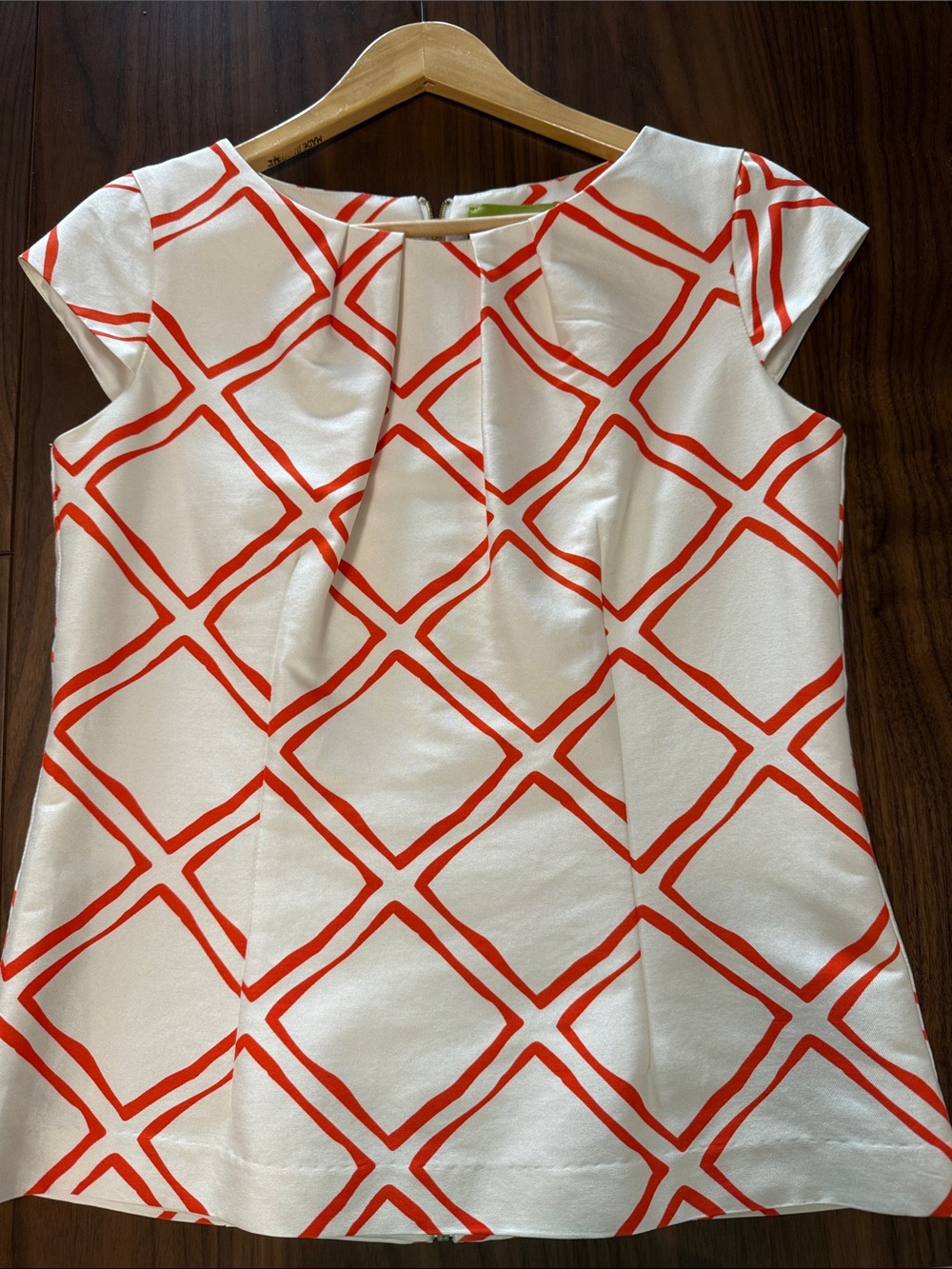 Elizabeth McKay White Cap-Sleeve Blouse with Bold Red Lattice